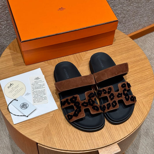 Sandales Chypre Hermès Bleu Marron Léopard